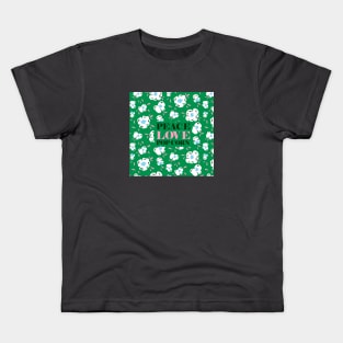 Peace Love Pop Corn Quote Art print with Bright green surface pattern background in Kids T-Shirt